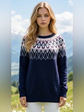 Reitmans Navy Fair Isle Crewneck Sweater with White and Pink Accents